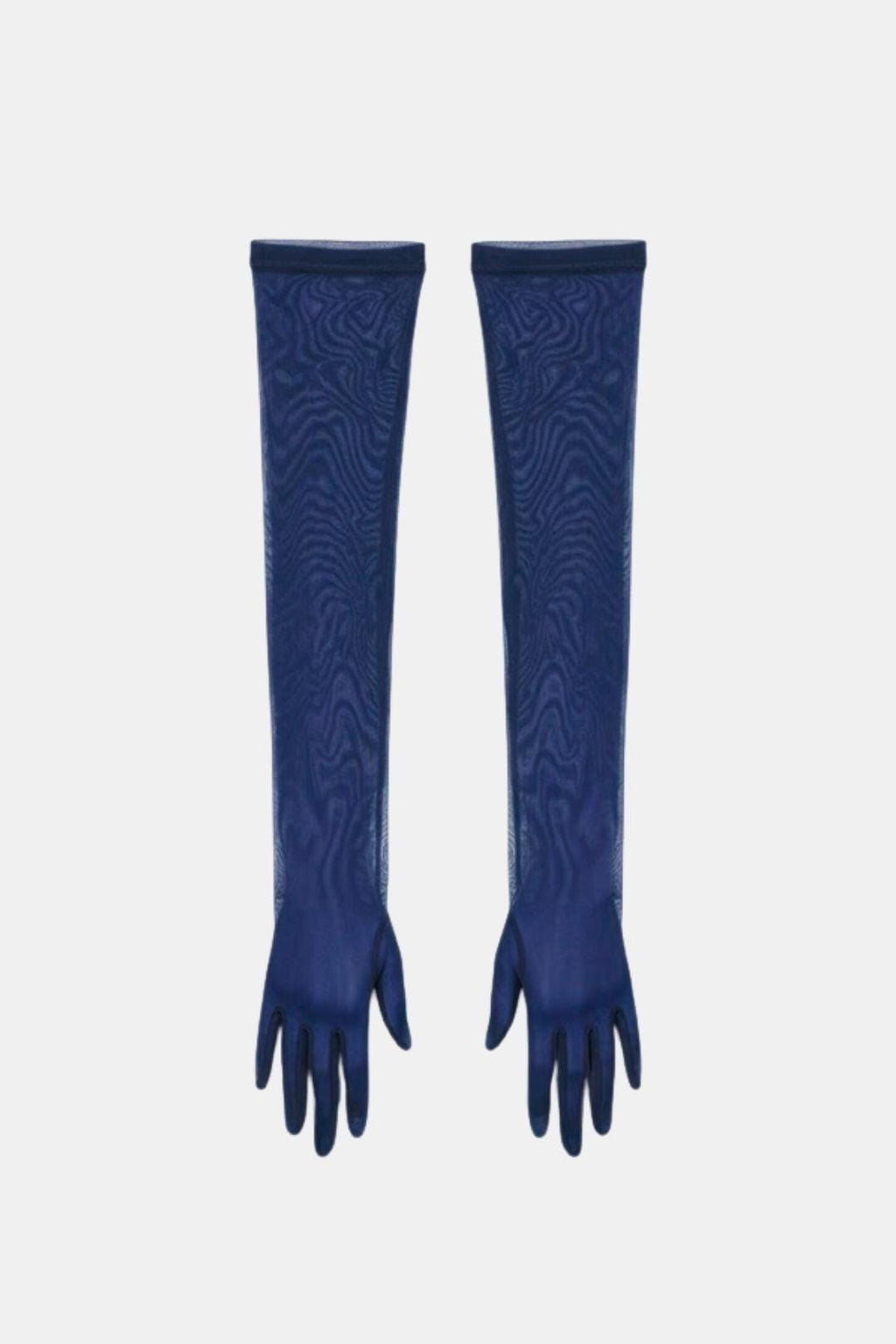 Sheer mesh elbow-length gloves in navy with patterned stretch and fringed fingertips.