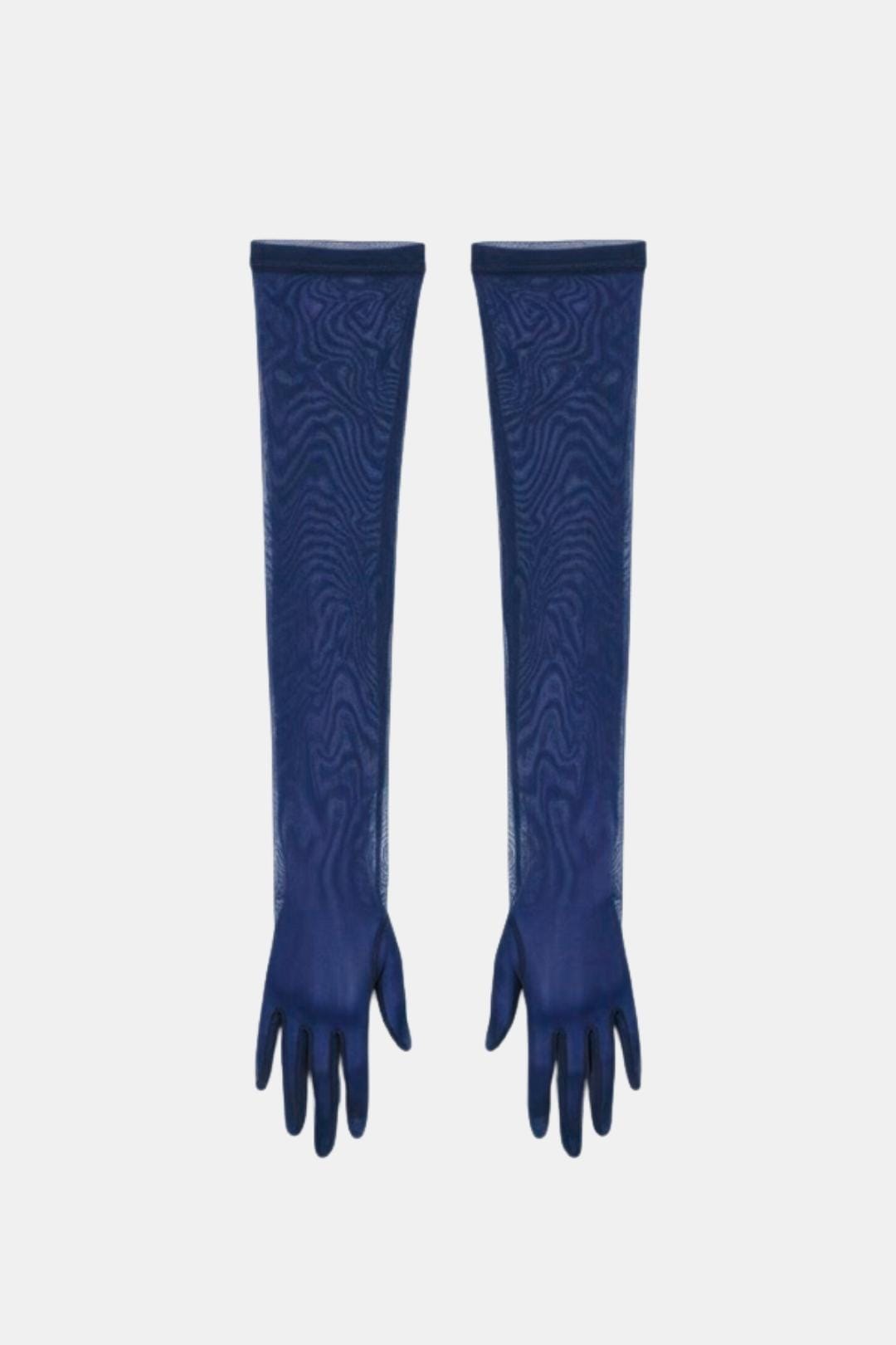 Sheer mesh elbow-length gloves in navy with patterned stretch and fringed fingertips.