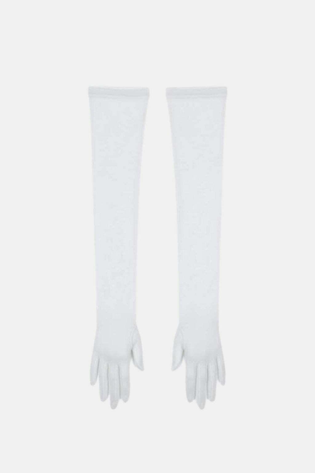 Sheer mesh elbow-length gloves in white with patterned texture and fringed fingertips.