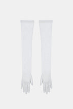 Sheer mesh elbow-length gloves in white with patterned texture and fringed fingertips.