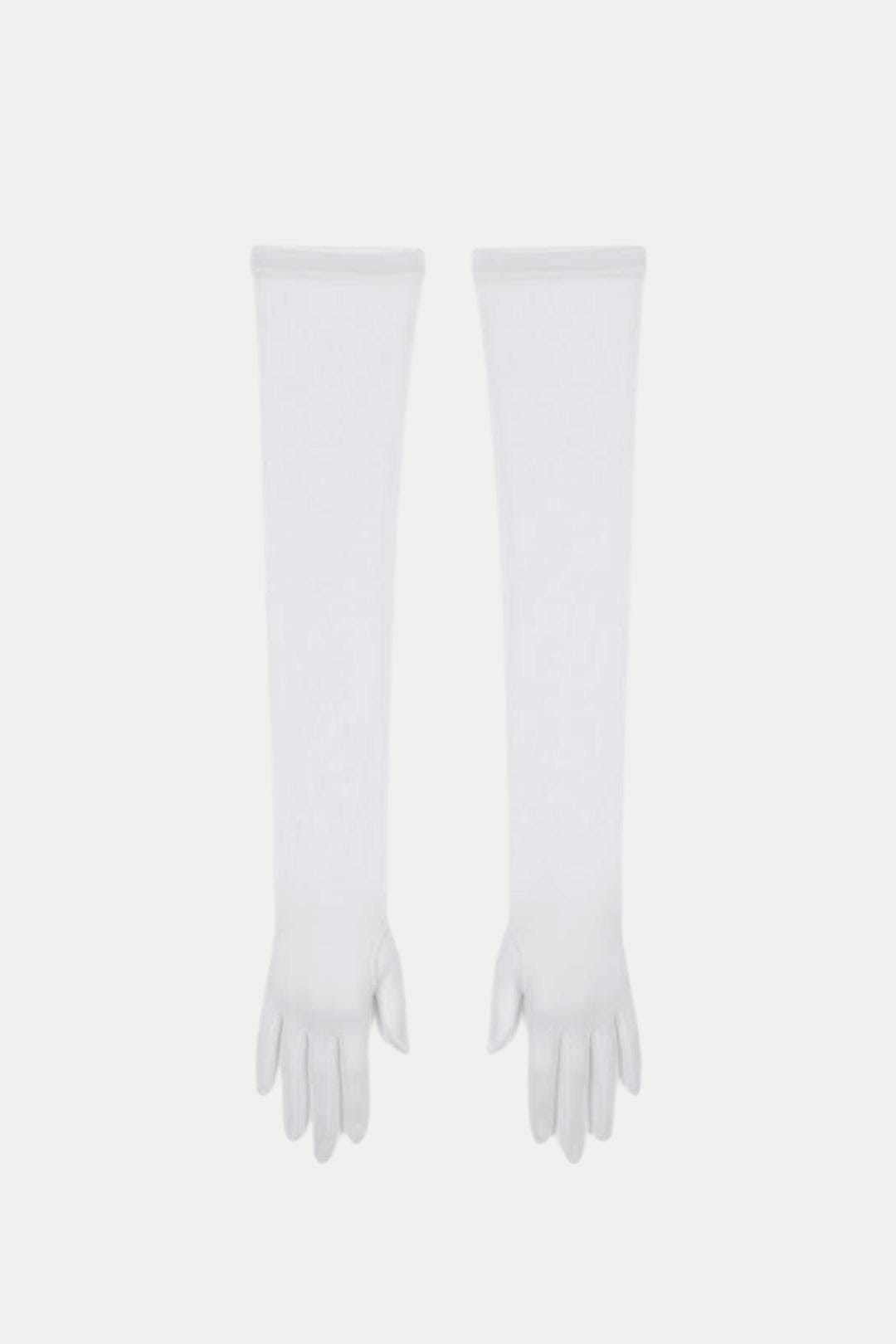 Sheer mesh elbow-length gloves in white with patterned texture and fringed fingertips.