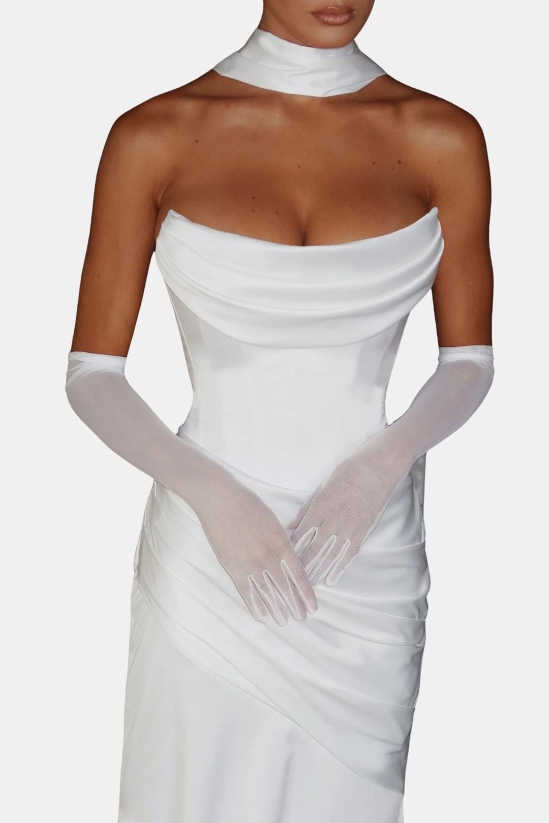 Ivory sheer elbow-length gloves with smooth cuff bands