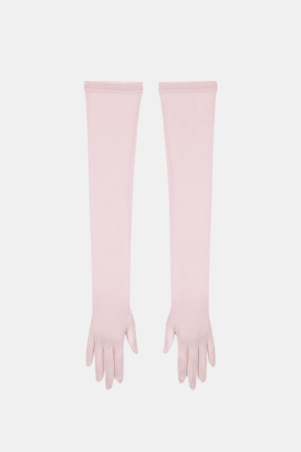 Sheer mesh elbow-length gloves in blush pink with patterned stretch and fringed fingertips.
