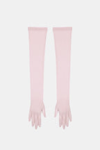 Sheer mesh elbow-length gloves in blush pink with patterned stretch and fringed fingertips.