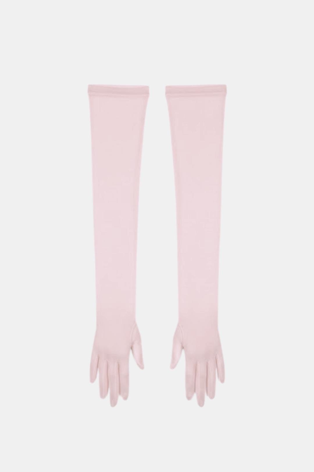 Sheer mesh elbow-length gloves in blush pink with patterned stretch and fringed fingertips.