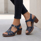 Navy women's T-strap sandals with block heel and cushioned footbed, buckle ankle strap