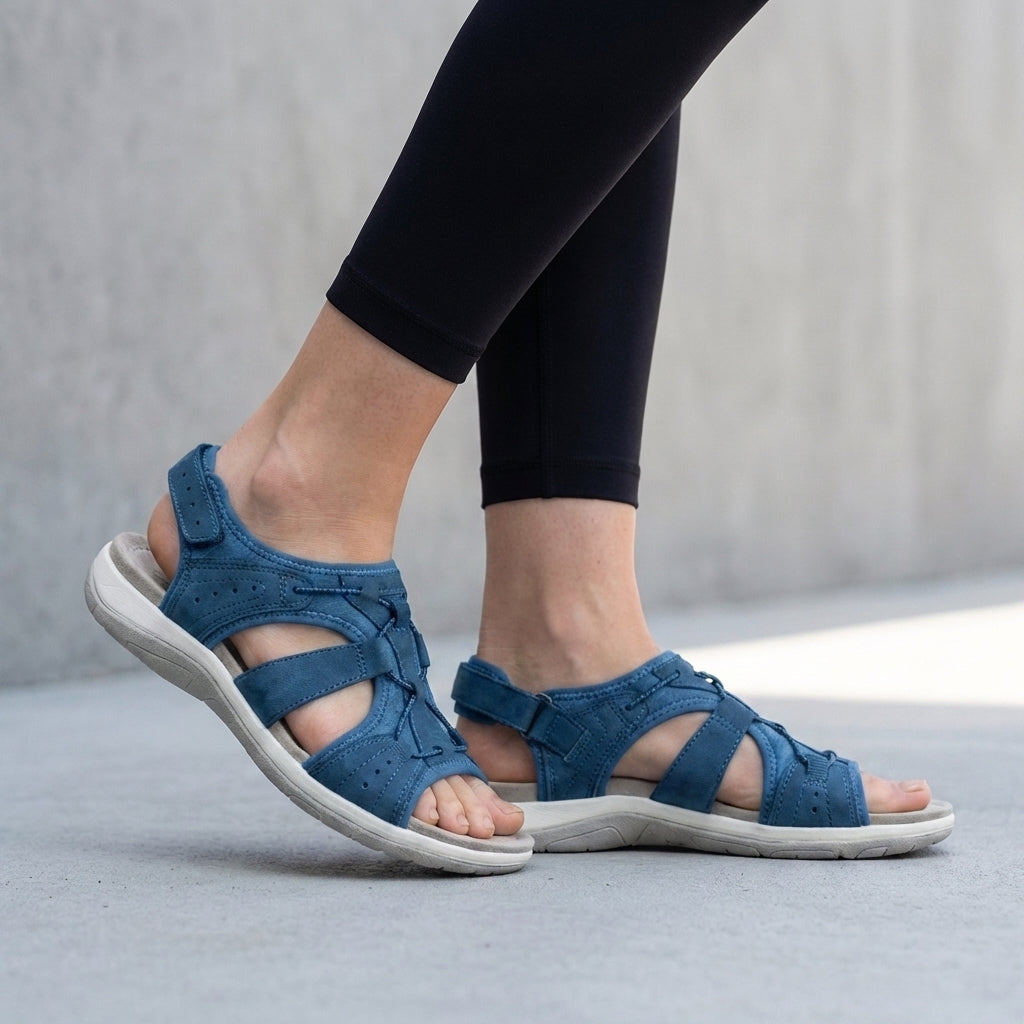 Orthopedic sandals with adjustable straps and contoured footbed in blue