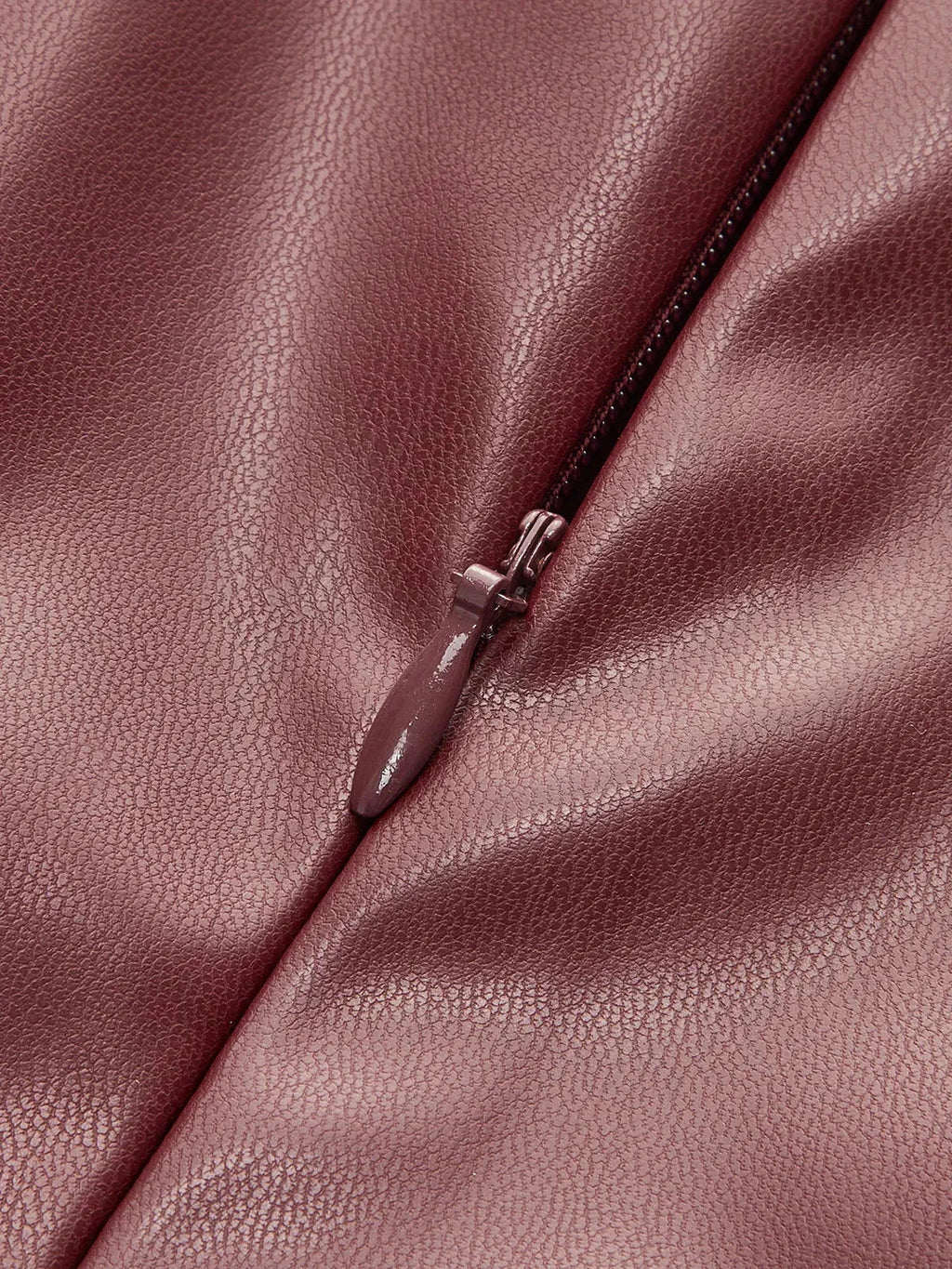 Burgundy faux leather mock-neck top zipper detail on seam