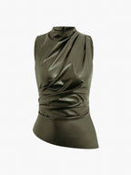 Olive green sleeveless faux leather mock-neck top with draped crossover front