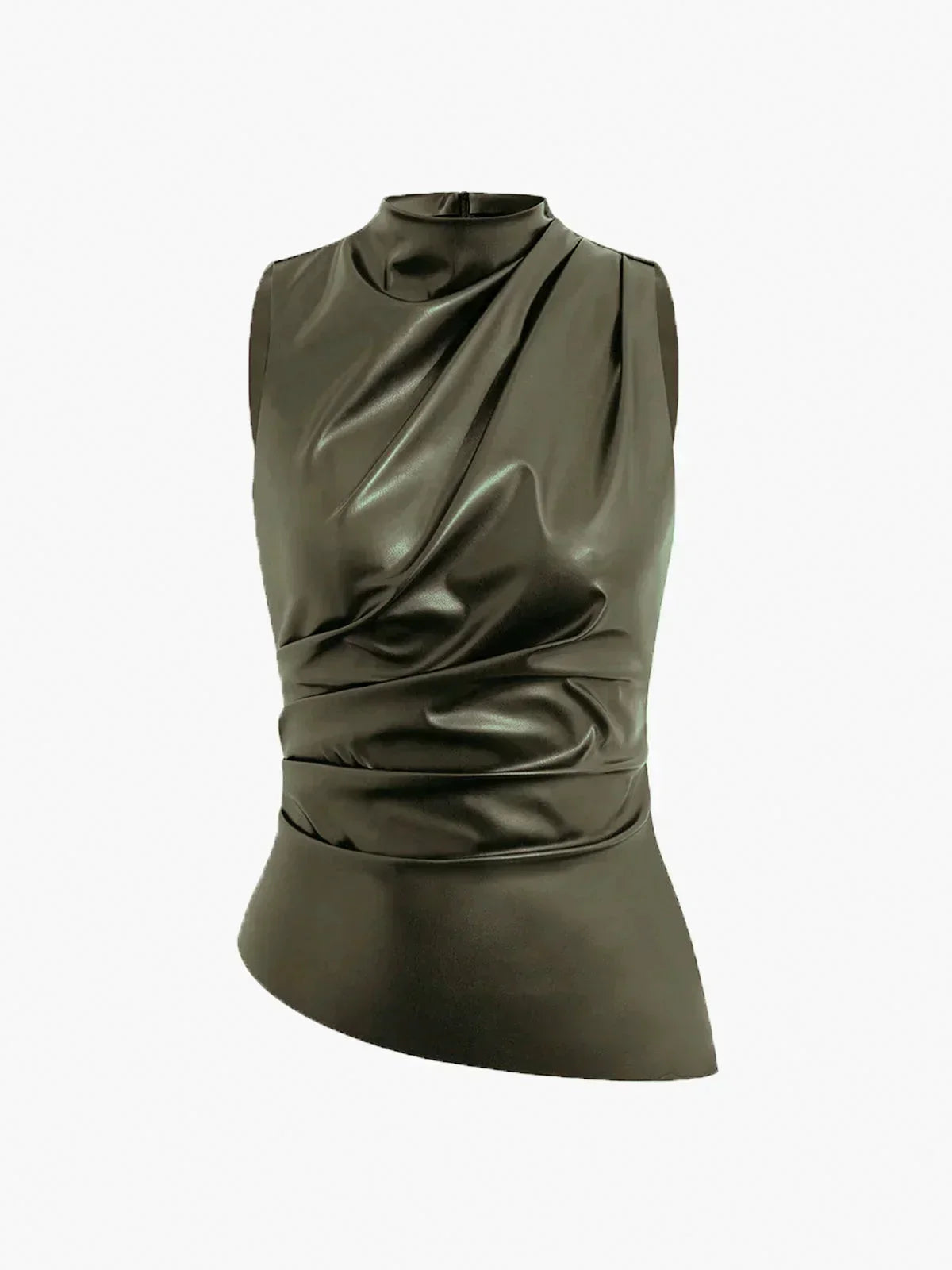 Olive green sleeveless faux leather mock-neck top with draped crossover front