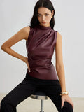Burgundy sleeveless faux leather mock-neck top with side darts and smooth drape