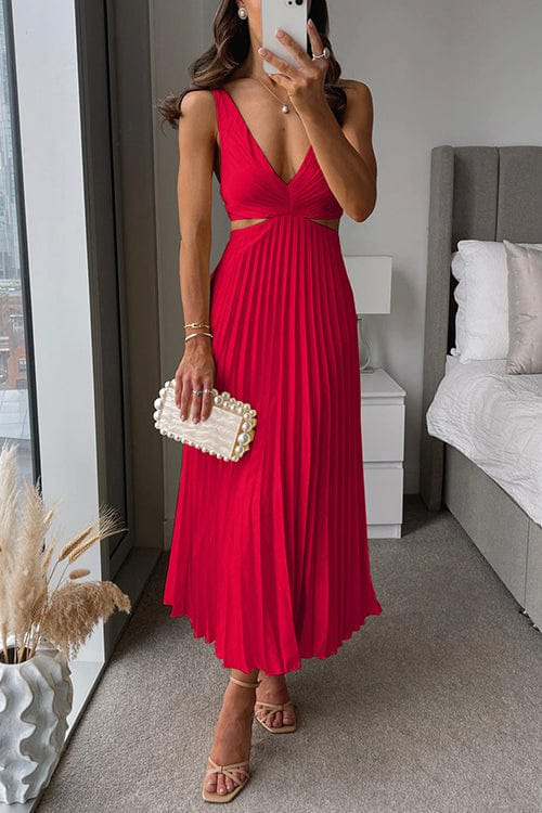Women's pleated cut-out midi dress in red, V-neck sleeveless with pleated skirt