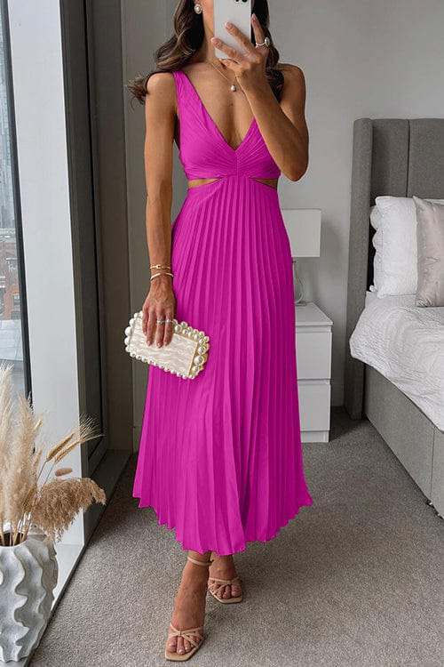Women's pleated cut-out midi dress in pink, V-neck sleeveless with pleated skirt