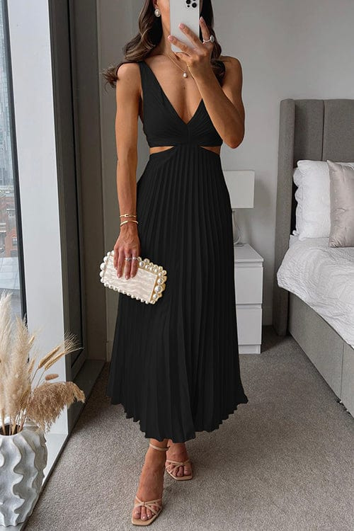 Women's pleated cut-out midi dress in black, V-neck sleeveless with pleated skirt