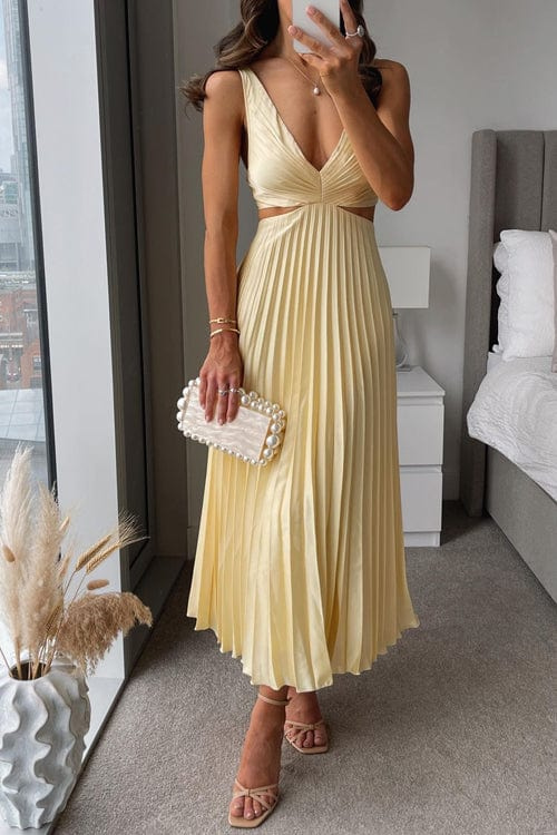 Women's pleated cut-out midi dress in cream, V-neck sleeveless with pleated skirt