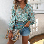 Boho floral print blouse in teal, V-neck with tie, gathered neckline, long sleeves