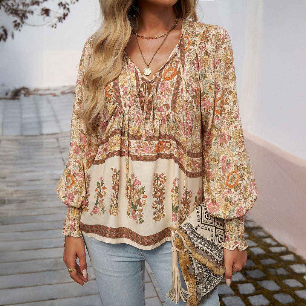 Boho floral print blouse in cream, V-neck tie, ruffle yoke, long puff sleeves