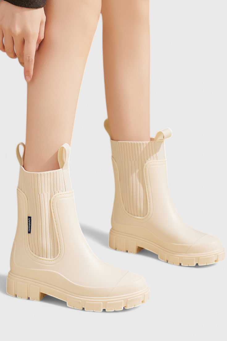 Women’s beige slip-on ankle boots with ribbed elastic gore and chunky sole