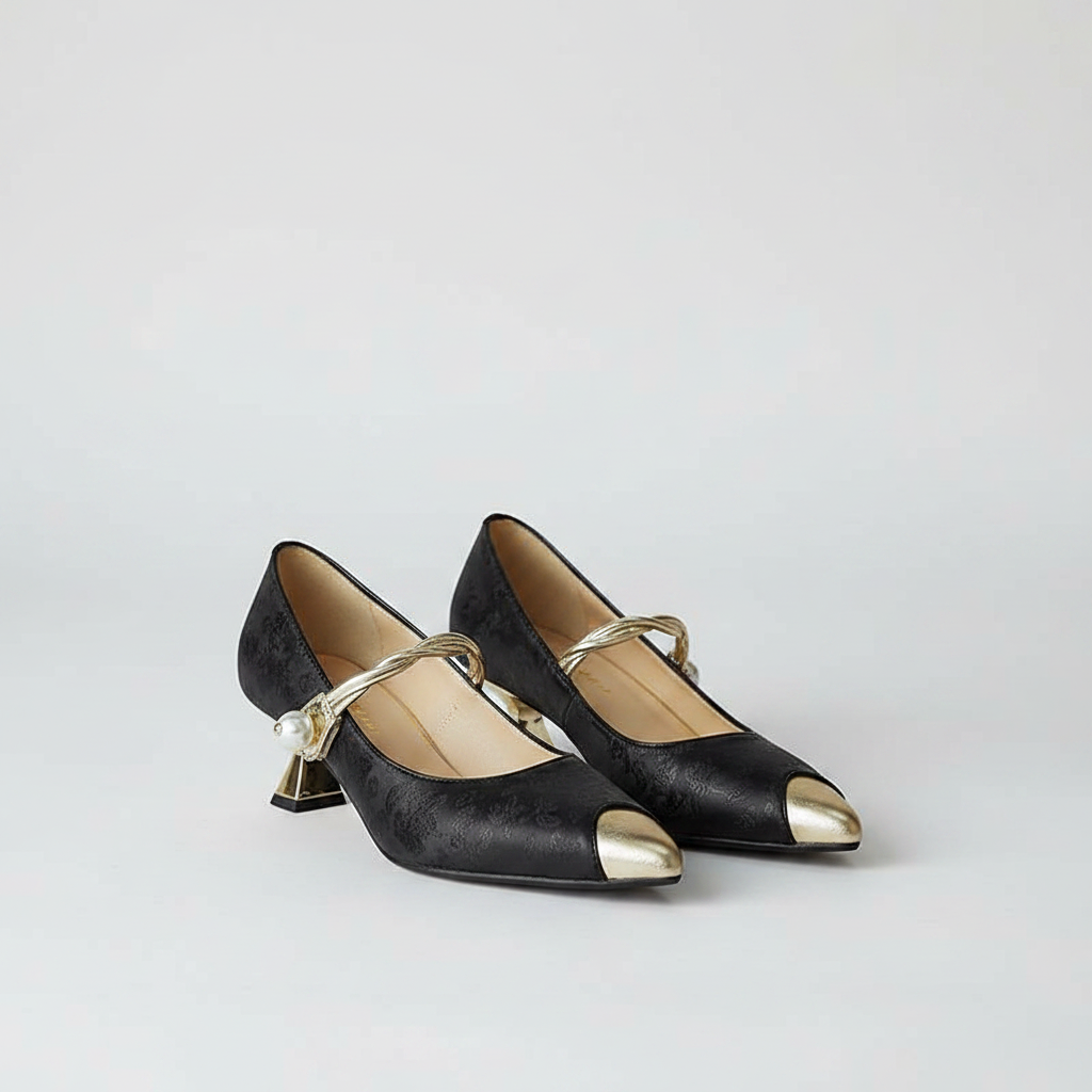 Satin Kitten Heels with Pearl Strap and Pointed Toe