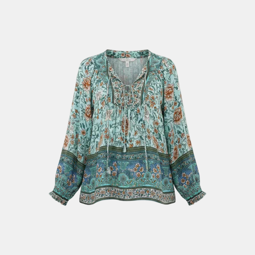 Boho floral blouse in teal, V-neck tie, peasant-style long sleeves, gathered trim