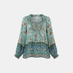 Boho floral blouse in teal, V-neck tie, peasant-style long sleeves, gathered trim