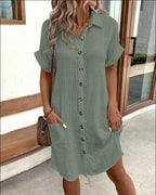 Olive green collared mini button-front pocket dress, short sleeves, button placket