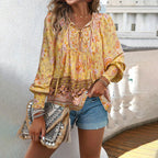 Boho floral print blouse in yellow, V-neck tie with gathered neckline, long billowy sleeves