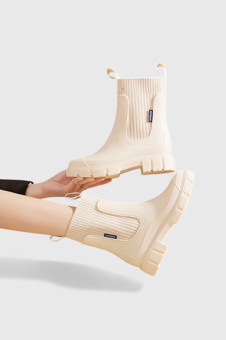 Women’s beige slip-on ankle boots, ribbed elastic panels and treaded platform sole
