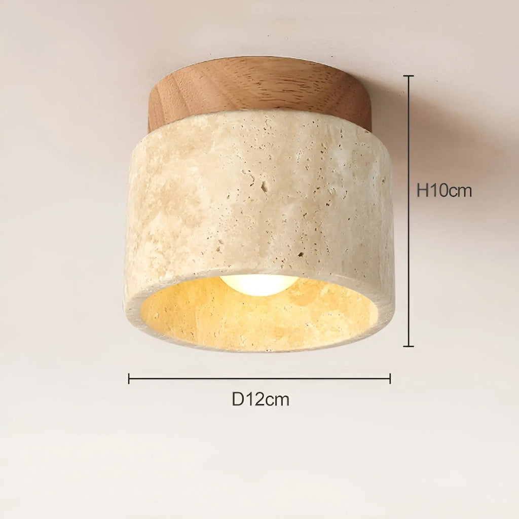 Flush mount ceiling lamp, 12cm diameter, travertine shade with light wood top ring.
