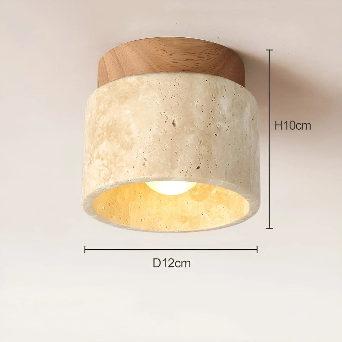 Flush mount ceiling lamp, 12cm diameter, travertine shade with light wood top ring.