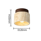 Flush mount ceiling lamp, 120mm diameter, textured travertine shade with walnut top.