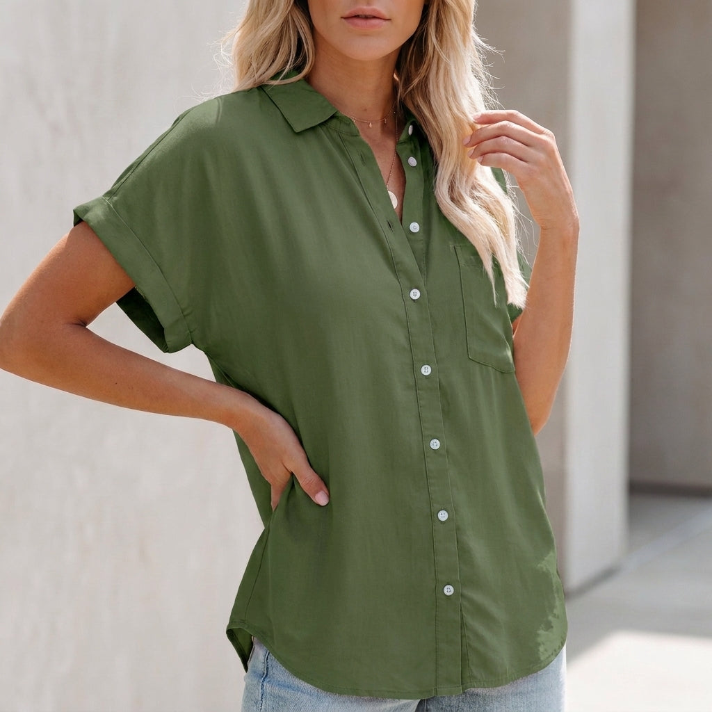 Olive green button-up blouse with collar, front buttons, chest pocket, short sleeves