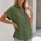 Olive green button-up blouse with collar, front buttons, chest pocket, short sleeves