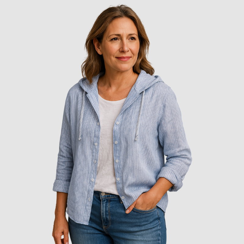 Blue hooded button-front blouse with lightweight fabric, long sleeves and curved hem