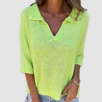 Neon green knit V-neck top with ribbed collar and cuffed three-quarter sleeves