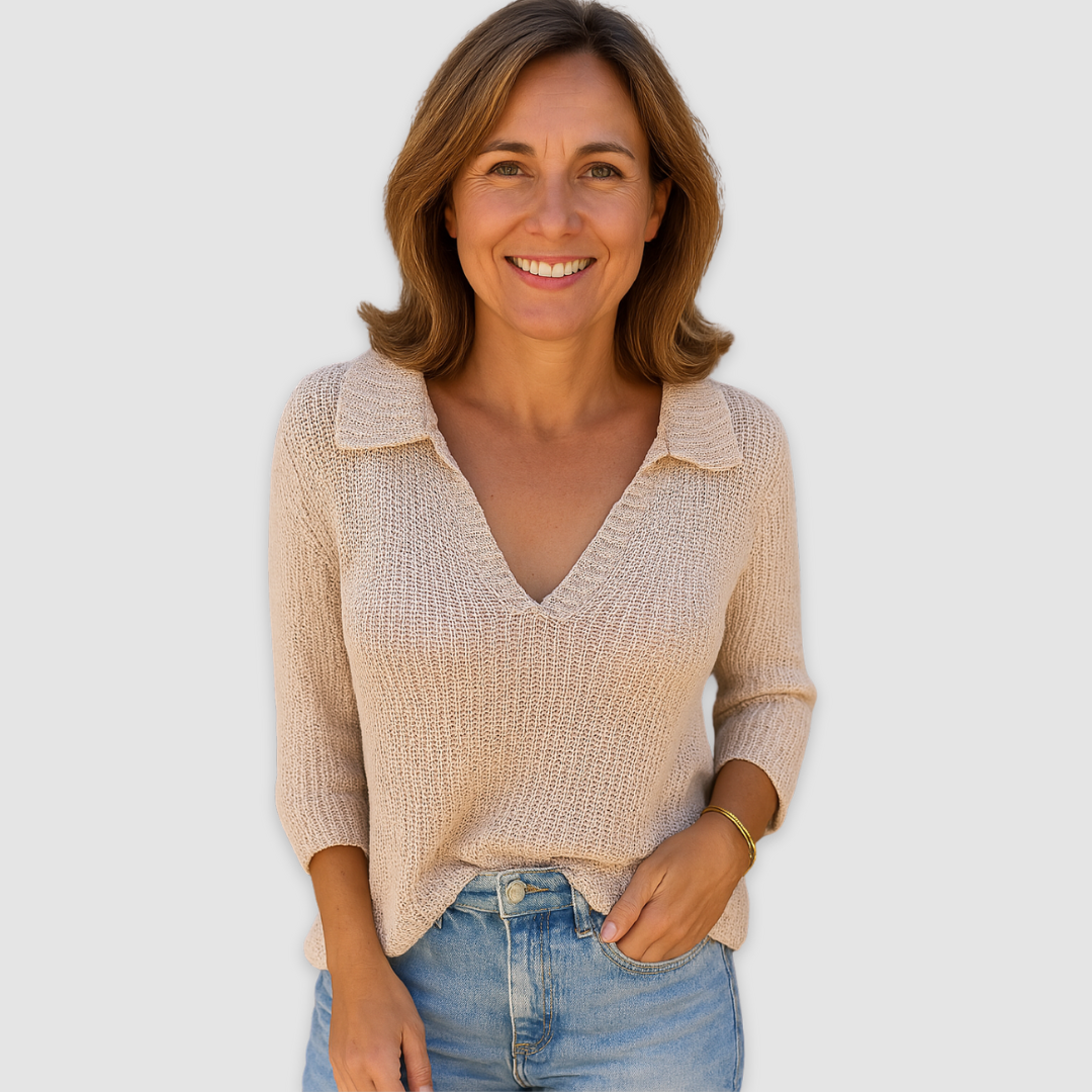 Beige knit V-neck top with three-quarter sleeves and textured openwork fabric