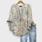 Women’s v-neck blouse with ruffle sleeves, light beige with white embroidered floral pattern