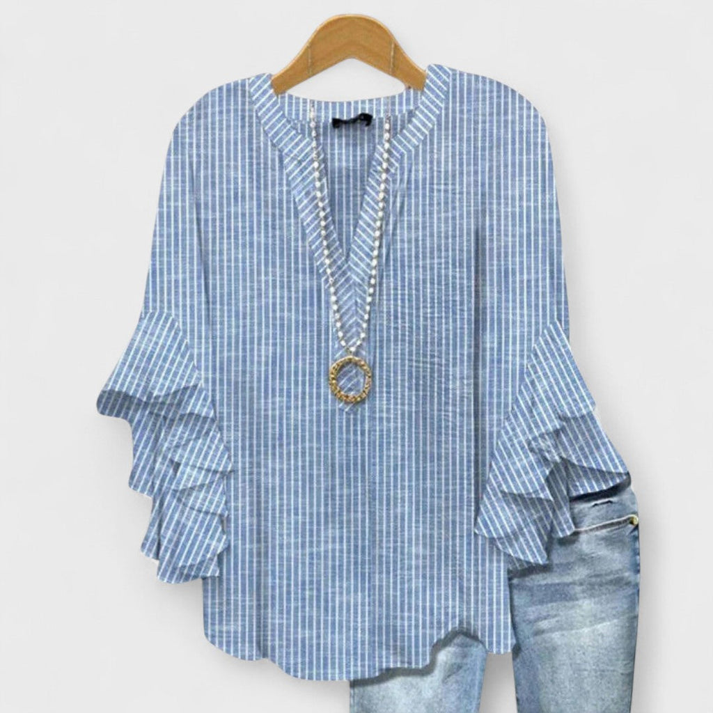 Women’s v-neck blouse with ruffle sleeves, blue-and-white pinstripe with beaded trim