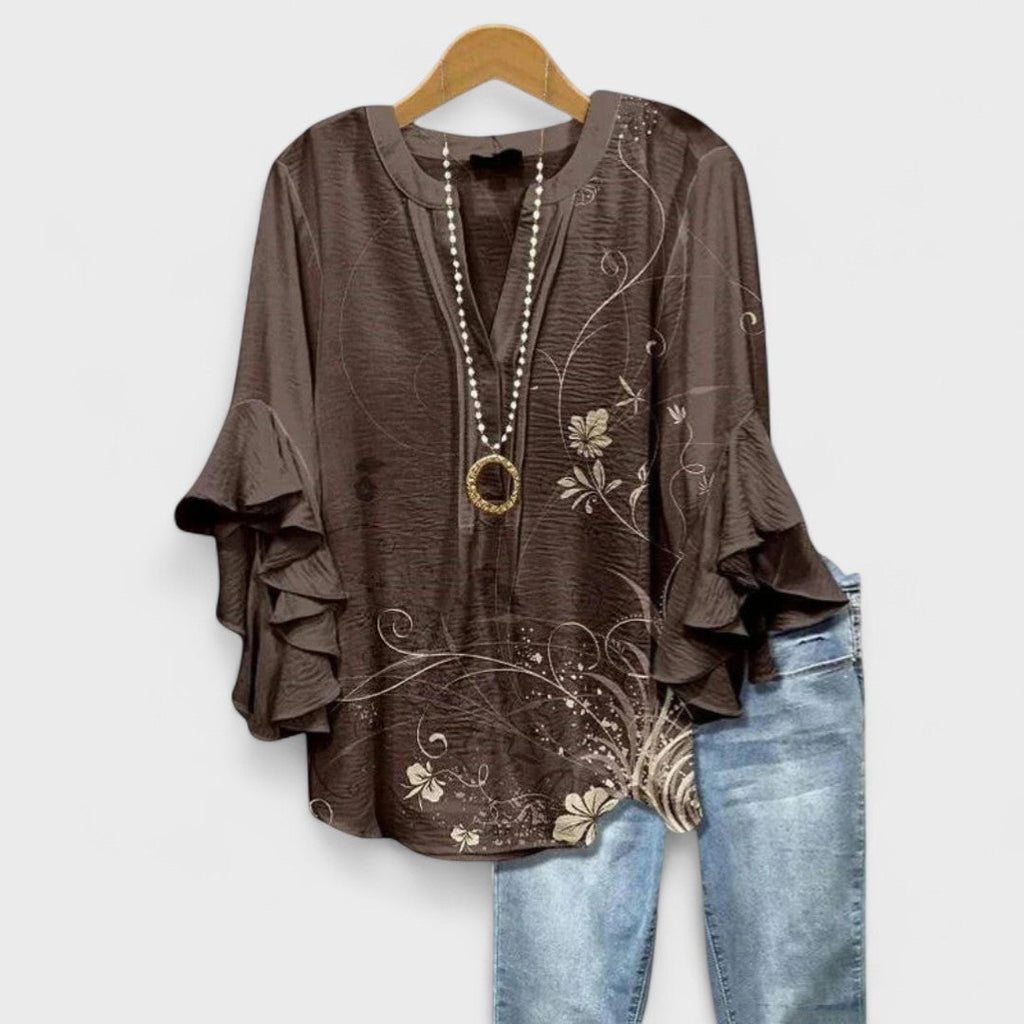 Women’s v-neck blouse with ruffle sleeves, dark brown with floral embroidery and beaded trim