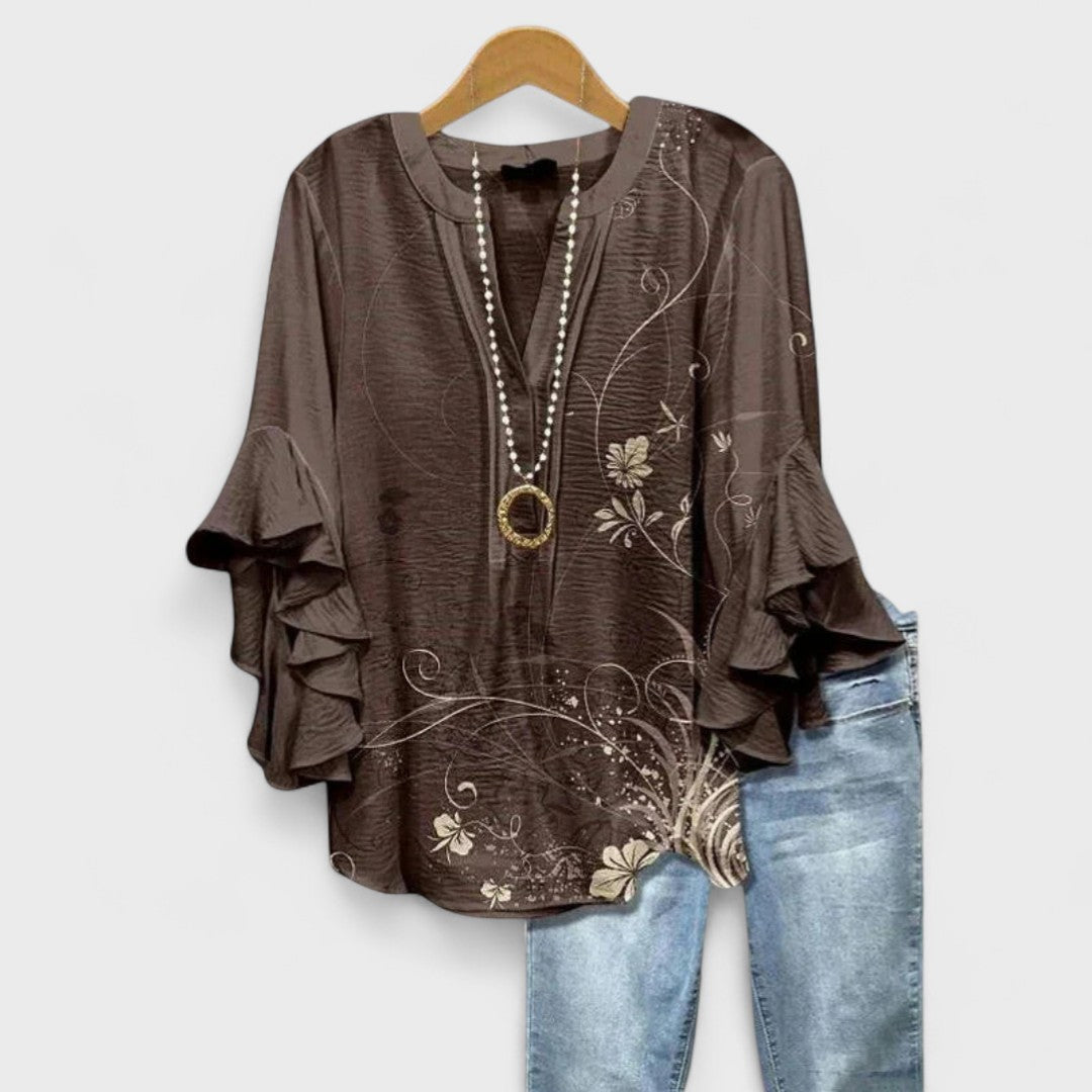 Women’s v-neck blouse with ruffle sleeves, dark brown with floral embroidery and beaded trim
