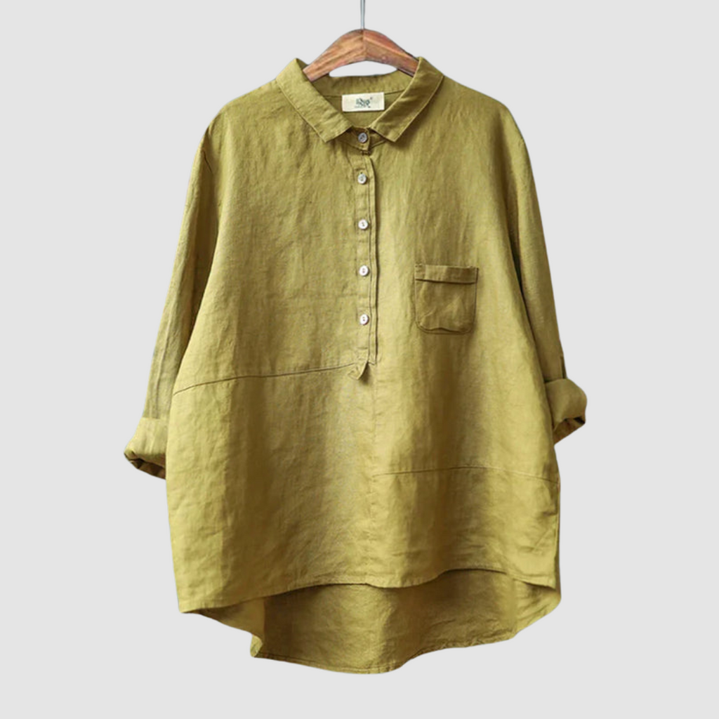 Olive green button-front cotton blouse with point collar and chest pocket