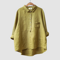 Olive green button-front cotton blouse with point collar and chest pocket
