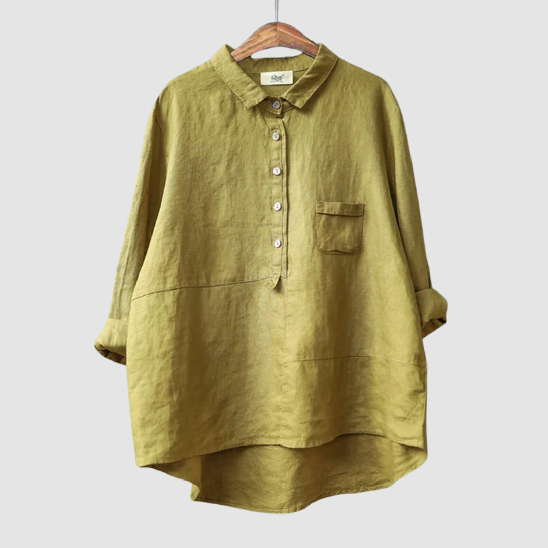 Olive green button-front cotton blouse with point collar and chest pocket