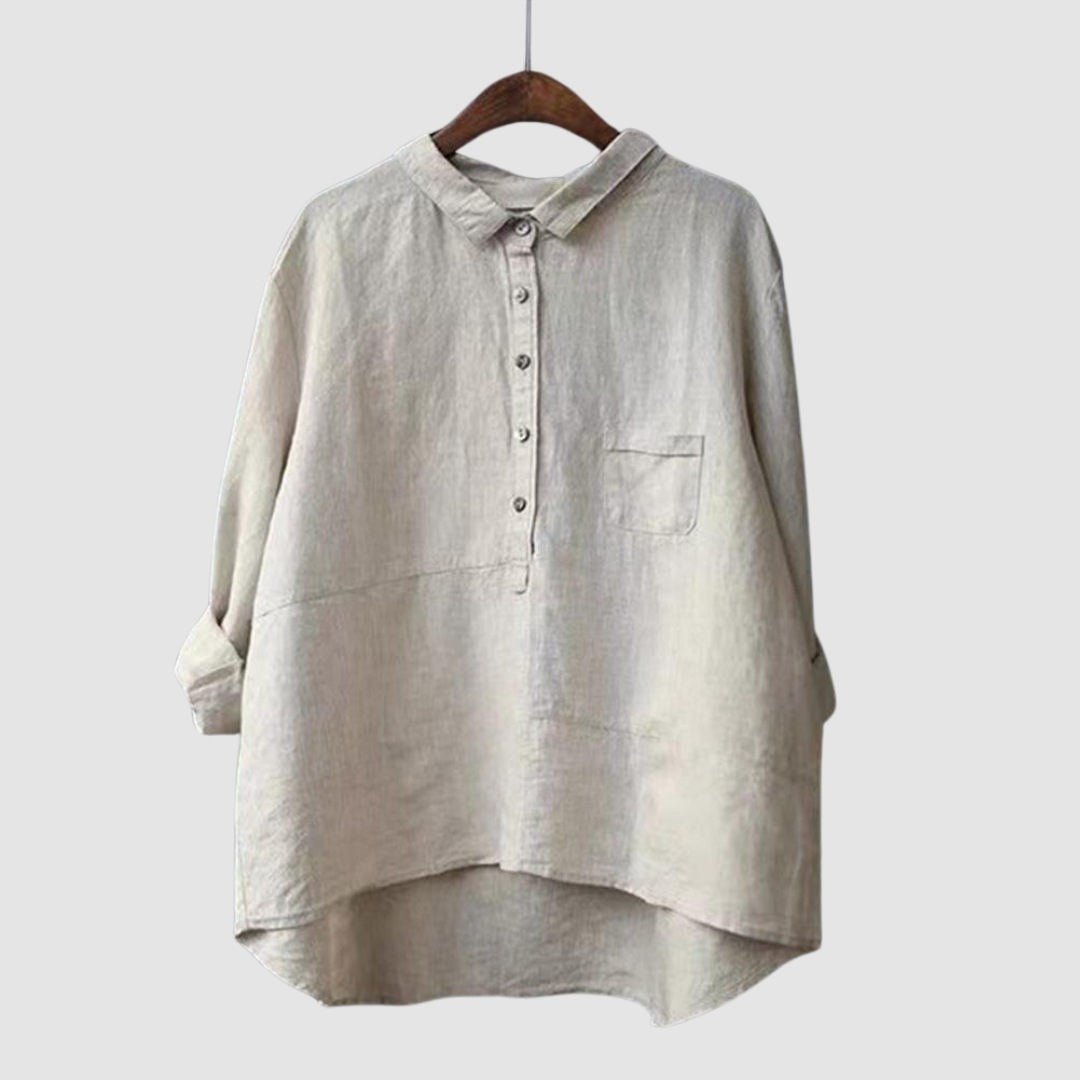 Light gray button-front cotton blouse with point collar and chest pocket