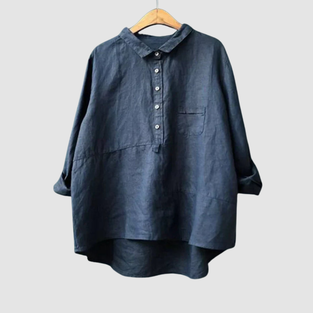 Dark blue button-front cotton blouse with point collar and chest pocket