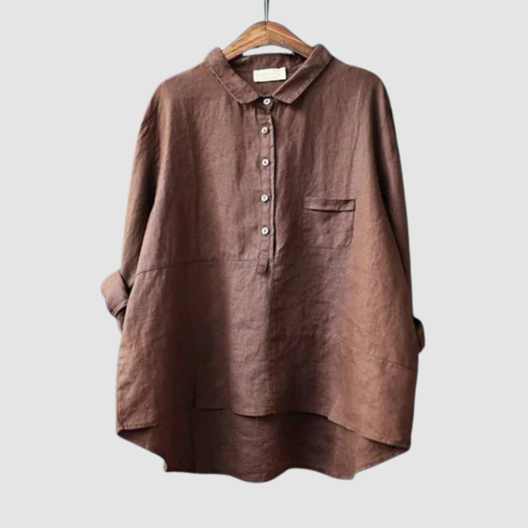 Rust brown button-front cotton blouse with point collar and chest pocket