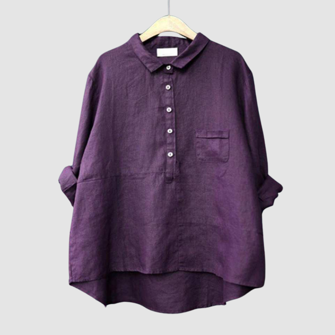 Purple button-front cotton blouse with point collar and chest pocket