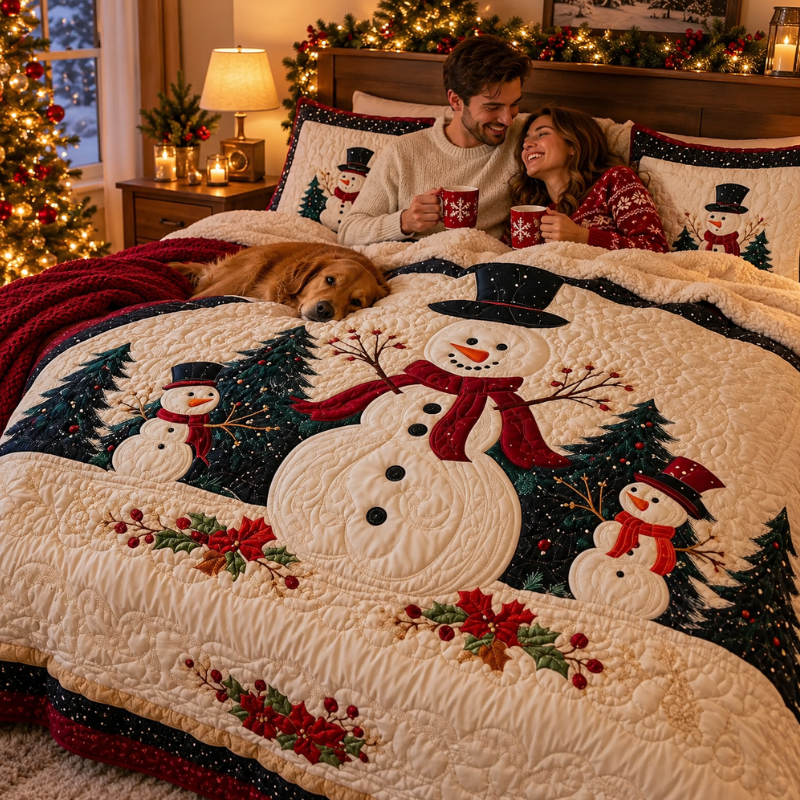 Quilted Christmas bedding set with snowman and holiday characters, textured white quilt top