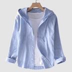 Blue striped hooded button blouse with lightweight fabric, long sleeves and front buttons