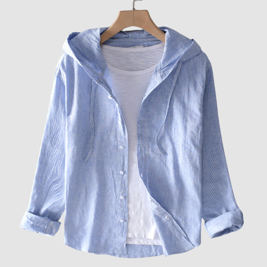 Blue striped hooded button blouse with lightweight fabric, long sleeves and front buttons